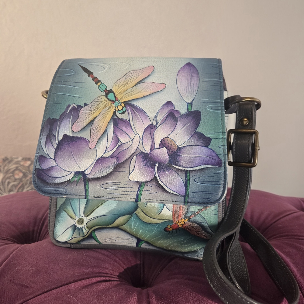 Anuschka Floral Blue and Purple Crossbody Bag - Picture 2 of 5